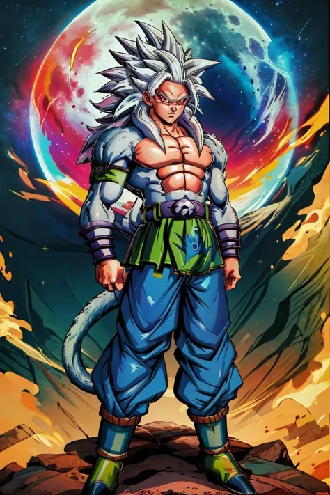 <lora:Genzoman_Style_Dim64:0.6>,((masterpiece,best quality)), absurdres, <lora:Super_Saiyan_5_Goku_v3:0.8>, Super_Saiyan_5_Goku, 1boy, male focus, (white fur:1), red eyes, tail, white hair,  solo,  looking at viewer, cowboy shot, scifi background, giant moon, starry sky,