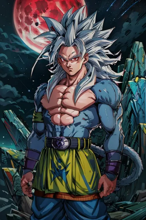 <lora:Style_of_the_Winds :0.8>,((masterpiece,best quality)), absurdres, <lora:Super_Saiyan_5_Goku_v3:0.8>, Super_Saiyan_5_Goku, 1boy, male focus, (white fur:1), red eyes, tail, white hair,  solo,  looking at viewer, cowboy shot, scifi background, giant moon, starry sky,