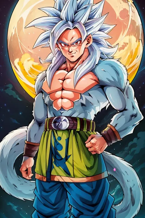 <lora:ricegnat_style:0.8>,((masterpiece,best quality)), absurdres, <lora:Super_Saiyan_5_Goku_v3:0.8>, Super_Saiyan_5_Goku, 1boy, male focus, (white fur:1), red eyes, tail, white hair, solo, smile, smirk, looking at viewer, cowboy shot, scifi background, giant moon, starry sky,
