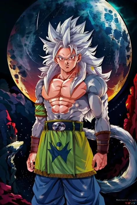 ((masterpiece,best quality)), absurdres, Super_Saiyan_5_Goku, 1boy, male focus, (white fur:1), red eyes, tail, white hair, solo, looking at viewer, cowboy shot, scifi background, giant moon, starry sky,