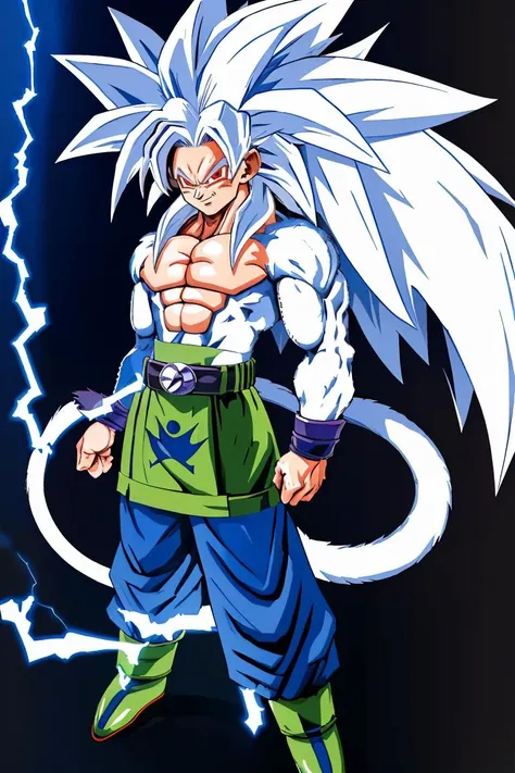 <lora:Harada_Takehito_v2_Repeats5:0.8>,((masterpiece,best quality)), absurdres, aura, energy, electricity, <lora:Super_Saiyan_5_Goku_v3:0.8>, Super_Saiyan_5_Goku, 1boy, male focus, (white fur:1), red eyes, tail, white hair, solo, smile, smirk, looking at viewer,