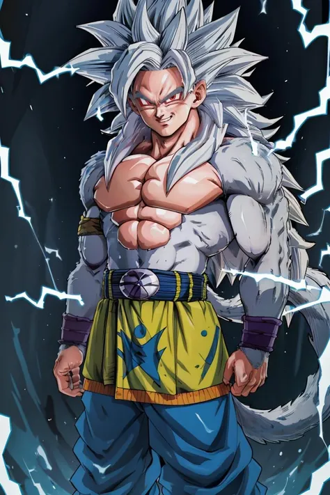 <lora:Style_of_the_Winds :0.8>,((masterpiece,best quality)), absurdres, aura, energy, electricity, <lora:Super_Saiyan_5_Goku_v3:0.8>, Super_Saiyan_5_Goku, 1boy, male focus, (white fur:1), red eyes, tail, white hair, solo, smile, smirk, looking at viewer,