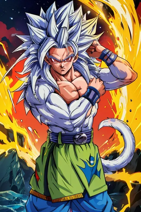 <lora:twistedscarlett60_style:0.7>,((masterpiece,best quality)), absurdres, aura, energy, electricity, <lora:Super_Saiyan_5_Goku_v3:0.8>, Super_Saiyan_5_Goku, 1boy, male focus, (white fur:1), red eyes, tail, white hair, solo, looking at viewer,