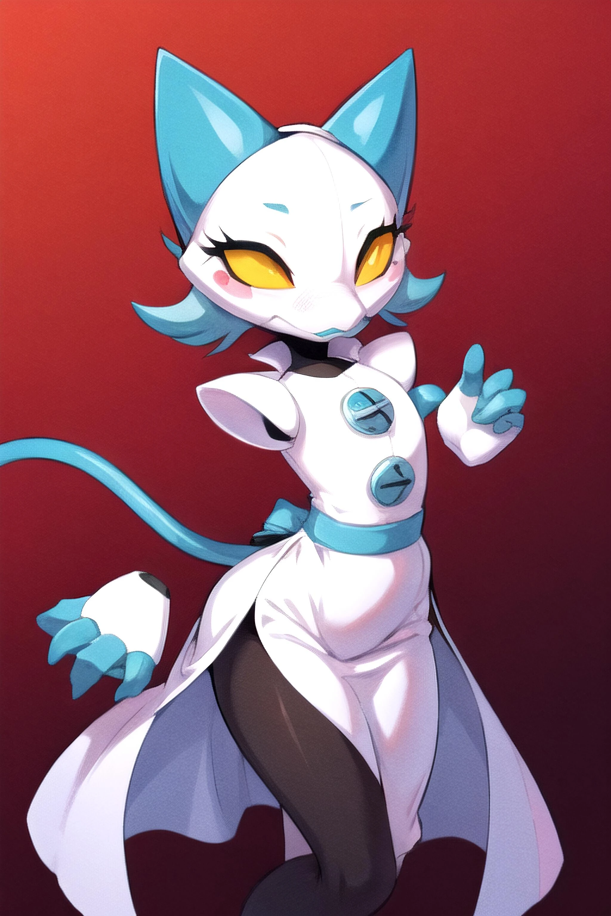 furry, best quality, <lyco:tasquemanager-v1-locon:1> tasquemanager, robot, white china dress, white mask, detatched hands, one open hand, tail, simple background,