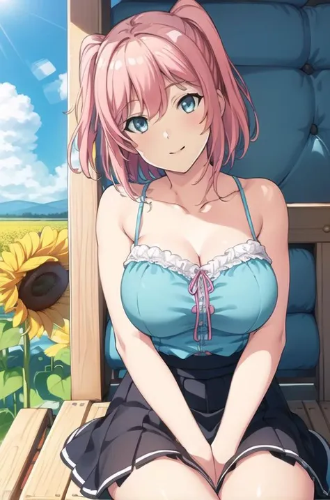 (day:1.7), summer, sunflower,blue sky,tree in a field,
sitting at attention,sitting on couch,
pink_shirt,bare shoulders, cleavage, collarbone, 
 <lora:sana_miyama_Gundam_Breaker-KK77-V1:0.7>,Black_pleated_skirt,<lora:aiueOkaStyle_v10:0.1>, <lora:saiminSeishidou:0.1>,
pink_hair,bangs,blue eyes,aqua_eyes,
1 girl, 20yo,mature female,Beautiful Finger,Beautiful long legs,Beautiful body,Beautiful Nose,Beautiful character design, perfect eyes, perfect face,
looking at viewer, (big_eyes:1.0),(Light_smile:0.3),
official art,extremely detailed CG unity 8k wallpaper, perfect lighting,Colorful, Bright_Front_face_Lighting,
(masterpiece:1.0),(best_quality:1.0), ultra high res,4K,ultra-detailed,
photography, 8K, HDR, highres, absurdres:1.2, Kodak portra 400, film grain, blurry background, bokeh:1.2, lens flare, (vibrant_color:1.2)
(Beautiful,large_Breasts:1.4), (beautiful_face:1.5),(narrow_waist),