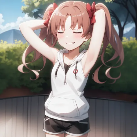 <lora:Kuroko:1>,
anime screencap,outdoors,
1girl,solo,brown hair, twintails,upper body,standing,(hoodie:1.1),bare arms,closed mouth,grin, skinny, parted bangs,collarbone, shorts,pov,arms behind head, closed eyes,