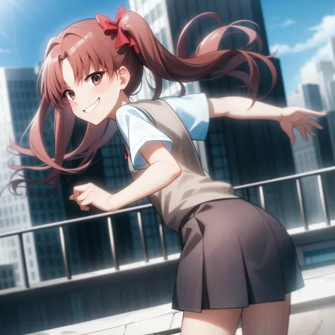 <lora:Kuroko:1>,
anime screencap,city,blue sky,outdoors,
1girl,solo,brown hair, twintails, cowboy shot, tokiwadai school uniform, sweater vest, skirt,brown eyes, smirk, skinny,loafers,from behind, white shirt,looking at viewer, looking back, outstretched arm,