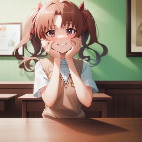 <lora:Kuroko:1>,
anime screencap,indoors,
1girl,solo,brown hair, twintails, upper body, sitting, tokiwadai school uniform, sweater vest,brown eyes,light smile, skinny, white shirt,looking at viewer, hands on own face, table,