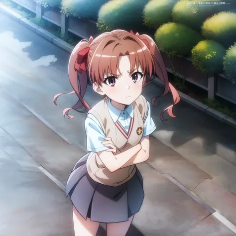 <lora:Kuroko:1>,
<lora:2020sAnimeMagazineIllustrationStyle_v10:0.5>,outdoors,
1girl,solo,brown hair, twintails,cowboy shot,standing,skirt, tokiwadai school uniform, sweater vest,brown eyes,frown, skinny, white shirt,looking at viewer, crossed arms, from above, looking up, leaning back,