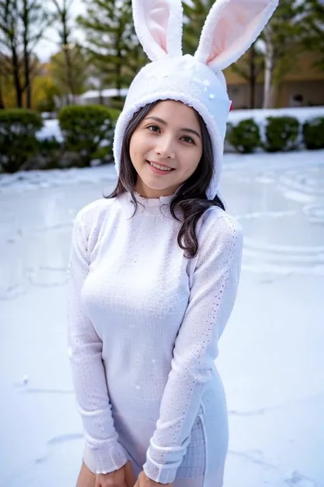 a woman, (wearing white sweater, bunny_ears_hat:1.3), 4k, high-res, masterpiece, best quality, head:1.3,((Hasselblad photography)), finely detailed skin, sharp focus, (cinematic lighting), soft lighting, dynamic angle, [:(detailed face:1.2):0.2], medium breasts,(((standing in the snow))), <lora:bunny_ears_hat:0.5>  <lora:Sylenev10:0.9> face focus, 1girl, solo,  looking at viewer, smile