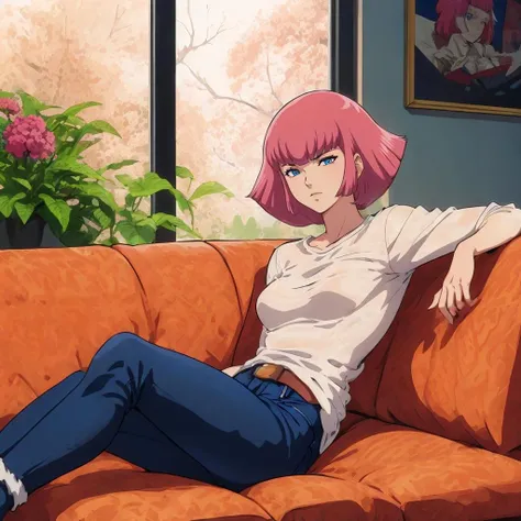 best quality,beautiful detailed,anime keyvisual,
<lora:hamankarnB004:0.5>,solo,
haman_karn,1woman,pink hair,short hair,sidelocks,bangs,eyebrows,double eyelid,blue eyes,sharp eyes,aged up,
white shirt,jeans,sofa,lie down,book,window,sunshine,indoor,plants,