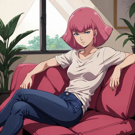 best quality,beautiful detailed,anime keyvisual,
<lora:hamankarnB004:0.5>,solo,
haman_karn,1woman,pink hair,short hair,sidelocks,bangs,eyebrows,double eyelid,blue eyes,sharp eyes,aged up,
white shirt,jeans,sofa,lie down,book,window,sunshine,indoor,plants,