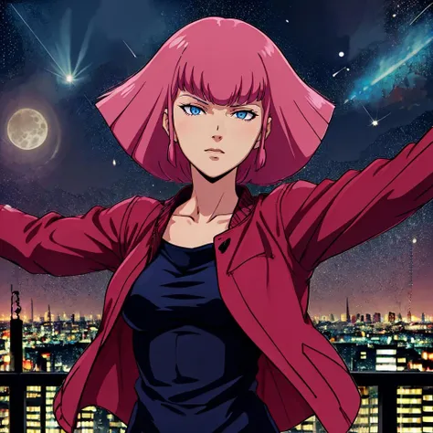 <lora:hamankarnB001:0.5>,solo,
haman_karn,1woman,pink hair,short hair,sidelocks,bangs,eyebrows,double eyelid,blue eyes,sharp eyes,aged up,
red jacket,open jacket,dance,spread arms,
night,neon,city lights,starry sky,shooting star,moon,overlook,