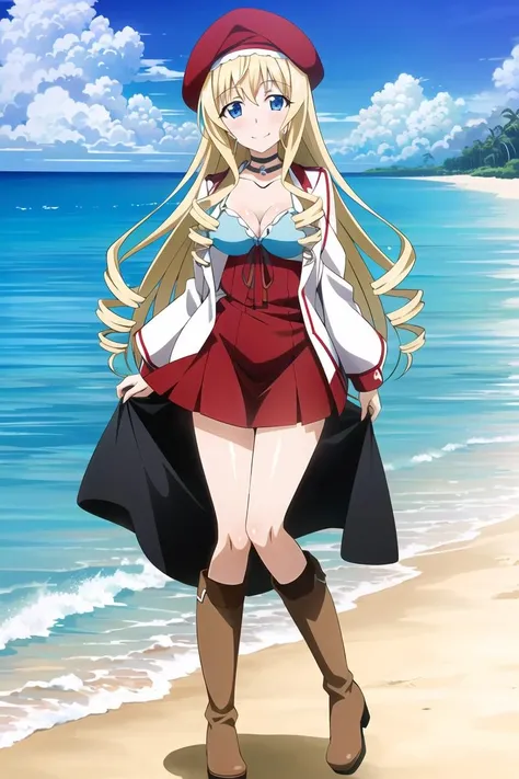 ((masterpiece)),((best quality)),ultra-detailed,illustratio,Explicit,Beautiful body,Beautiful Nose,Beautiful character design,perfect eyes,perfect face,wallpaper,ultra highres,4K,photography,(Beautiful,normal breasts:1.2),(beautiful face:1.2),beautiful legs,perfect legs,shiny skin,nsfw,official style,official arts,anime screencap,anime coloring,
cecilia alcott,1girl, solo, blonde hair,long hair, blue eyes, drill hair, hat, brown footwear, boots, dress, beret, looking at viewer, long sleeves, blush, red dress, choker, closed mouth, standing, bangs, smile, knee boots, medium hair,cardigan, jacket, necklace, short dress, open clothes, collarbone,full body,<lora:Cecilia Alcott:0.7> ,(outdoor,Blue sky,White cloud,beach,shore,seawater:1.2)