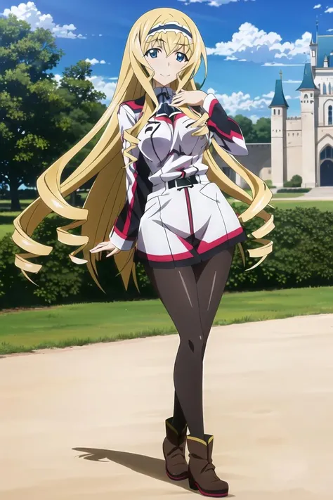 ((masterpiece)),((best quality)),ultra-detailed,illustratio,Explicit,Beautiful body,Beautiful Nose,Beautiful character design,perfect eyes,perfect face,wallpaper,ultra highres,4K,photography,(Beautiful,normal breasts:1.2),(beautiful face:1.2),beautiful legs,perfect legs,shiny skin,nsfw,official style,official arts,anime screencap,anime coloring,
cecilia alcott,1girl, solo, blonde hair,long hair, blue eyes, drill hair,thighhighs,boots,school uniform,pantyhose,brown pantyhose,looking at viewer,smile,uniform,knee boots,black footwear,standing,full body,<lora:Cecilia Alcott:0.7> ,(outdoor,castle,Blue sky,White cloud,garden:1.2),(infinite stratos academy uniform:1.5),