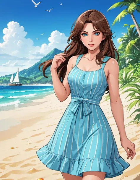 <lora:brtmnl:1>anime artwork anime artwork , beautiful brtmnl woman wearing sundress on a beach, beautiful detailed, natural light, high quality, anime style, key visual, vibrant, studio anime, highly detailed