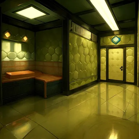 (masterpiece, best quality:1.1), the hallway of a space ship, hexagon wall tiles, smooth floor, potted plant, door