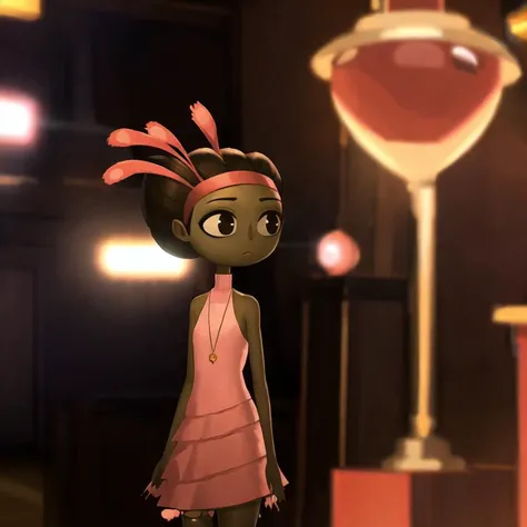 (masterpiece, best quality:1.1), 1girl, solo, dark skin, pink dress with covered chest, hairband, hair ornament, bobble hair, exposed shoulders, torn clothes, brown hair, black eyes, rim lighting