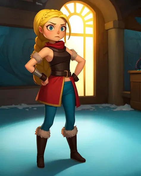 (masterpiece, best quality:1.2), (1girl, solo:1.05), (astrid:1.1), from how to train your dragon, rugged and fierce, icy blue eyes, blonde hair braided in warrior style, fur-lined leather tunic, brown leather pants, fur boots, dragon-themed arm bracers, viking village backdrop, poised mid-flight on a dragon, determined expression, looking at viewer, hands on hips, indoors, sunlight