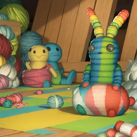 (masterpiece, best quality:1.1), (yarn monster:1.1), solo, blue yarn, oil pastel style