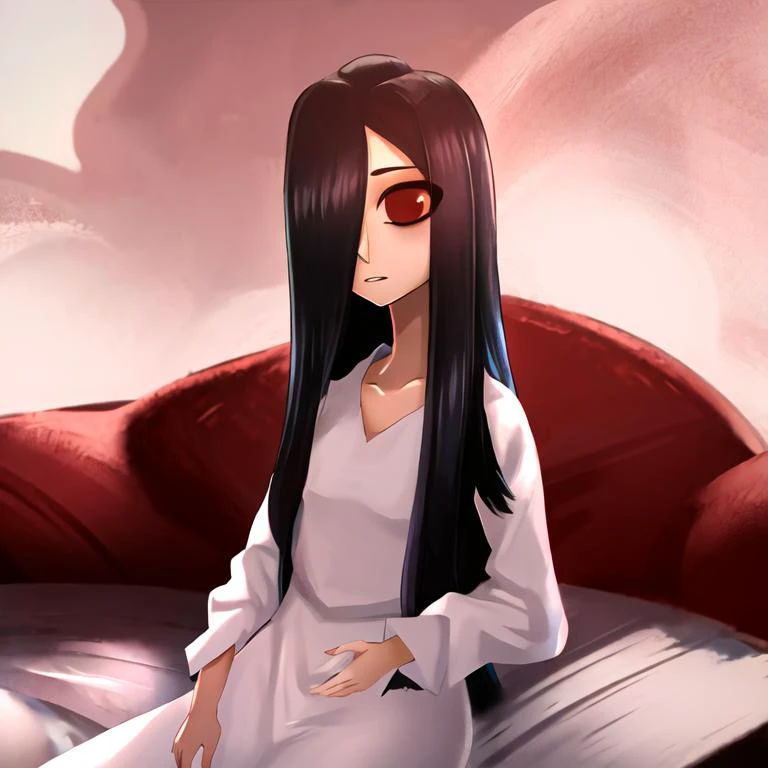 ((masterpiece)),(best quality), absurdres,sadako_yamamura,red eyes, white dress,<lora:Sadakobest:0.8>, pastel, rim lighting, <lora:brokenAgeStyle_v1:1>,