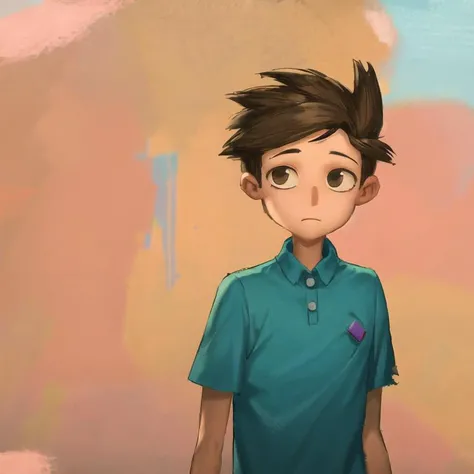 broken age, (masterpiece, best quality:1.1), 1boy, solo, blue shirt, brown hair, brown eyes, (upper body:1.1), oil pastel, hand drawn