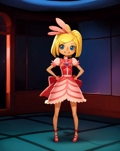(masterpiece, best quality:1.15), (1girl, solo:1.05), (cure happy:1.1), from smile pretty cure, yellow and pink, medium-length blonde hair, frilly yellow dress, pink shoes, big blue eyes, victory sign, wide grin, bubbly personality, looking at viewer, hands on hips, indoors, night