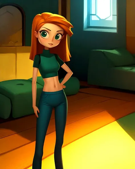 (masterpiece, best quality:1.1), (1girl, solo:1.05), (kim possible:1.1), from kim possible, black and green, orange hair, black crop top and cargo pants, green eyes, mole on cheek, looking at viewer, hands on hips, indoors, sunlight