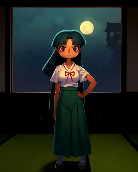 (masterpiece, best quality:1.15), (1girl, solo:1.05), (kagome higurashi:1.1), from inuyasha, japanese, fair skin, medium breasts, long black hair, traditional green and white japanese school uniform, brown eyes, looking at viewer, hands on hips, indoors, night