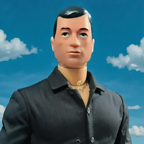 comic style, <lora:GI_Joe:1> GI Joe wearing a black Armani suit, blue sky scene, simple colors, flat colors