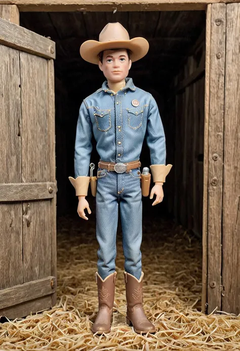 full body, <lora:GI_Joe:1> GI Joe as a cowboy, wearing jeans, button up shirt, cowboy boots, cowboy hat, standing in a barn, by Amandurr and Mark Ryden
