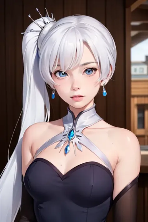 masterpiece, best quality,whiss, ANIME,Realistic,1girl, weiss schnee, solo, blue eyes, jewelry, earrings, long hair, parody, white hair, scar, scar across eye, hair ornament, photo background, side ponytail, scar on face, meme, upper body,