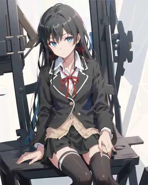 detailed,masterpiece,ultra-detailed,(solo),(1girl),(Delicate eyes),(white background:1.3), yukinoshita_yukino, long_hair, sobu_high_school_uniform, black_hair, red_ribbon, black_jacket,blue eyes,miniskirt,black thighhighs, black skirt,sitting,