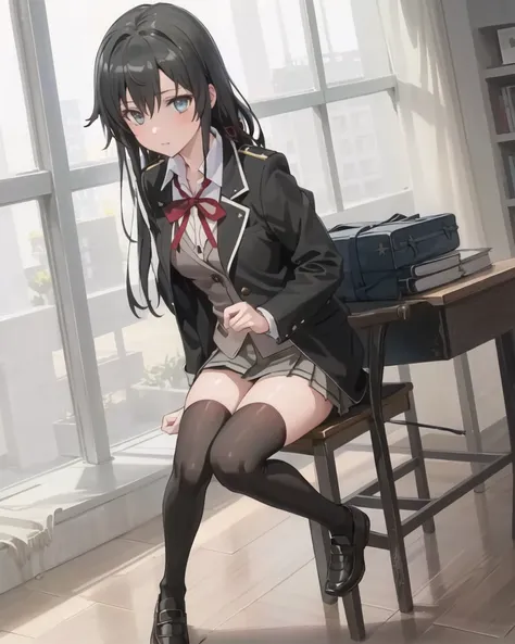 detailed,masterpiece,ultra-detailed,(solo),(1girl),(Delicate eyes),(white background:1.3), yukinoshita_yukino, long_hair, sobu_high_school_uniform, black_hair, red_ribbon, black_jacket,blue eyes,miniskirt,black thighhighs, black skirt,