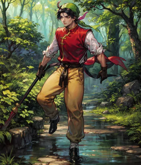 masterpiece, anime screencap, 1 boy, solo, black hair, bandana, chinese clothes, red shirt, white sleeves, yellow pants, staff, full body, outdoors, forest, cowboy shot  <lora:Tir:1>