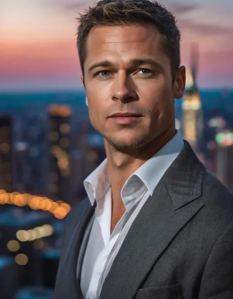 face closeup portrait of fit ((ohwx man)) <lora:pitt_lora_sdxl_v1-000008:1> a businessman on a new york skyscraper roof (at night:1.1) wearing a fashion Armani suit, depth of field, zeiss lens, 105mm F2.0, fashion shooting, fashion clean cut,Sony a7R, cinematic lighting, city lights, in style of Everett Raymond Kinstler