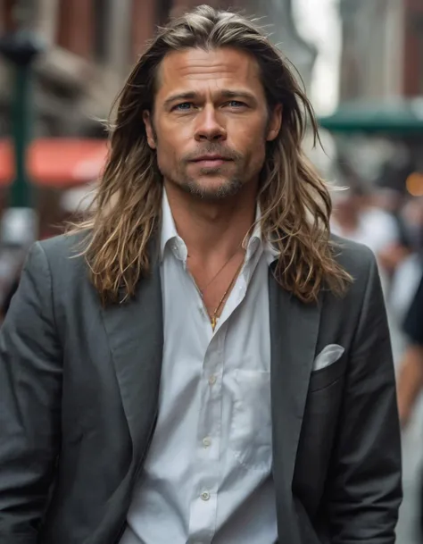 Mid-shot portrait of a beautiful ((ohwx man)) <lora:pitt_lora_sdxl_v1-000008:1> in her 30s , with long hair, candid street portrait in the style of Martin Schoeller award winning, Sony a7R