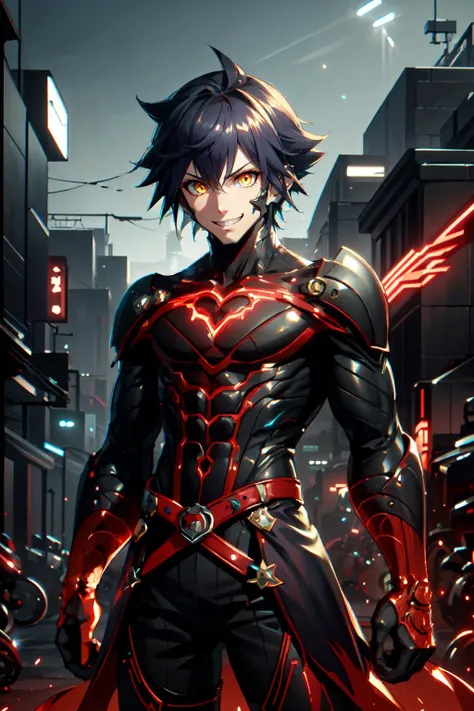 <lora:redneon-style-richy-v1:1> redneonstyle, glowing, red theme, neon trim, <lora:VanitasKH:0.65> VanitasKH, spiky hair, yellow eyes, chin guard, bodysuit, (1boy:1.35), evil grin, cowboy shot,, ultra detailed, masterpiece, best quality, aesthetic, detailed,