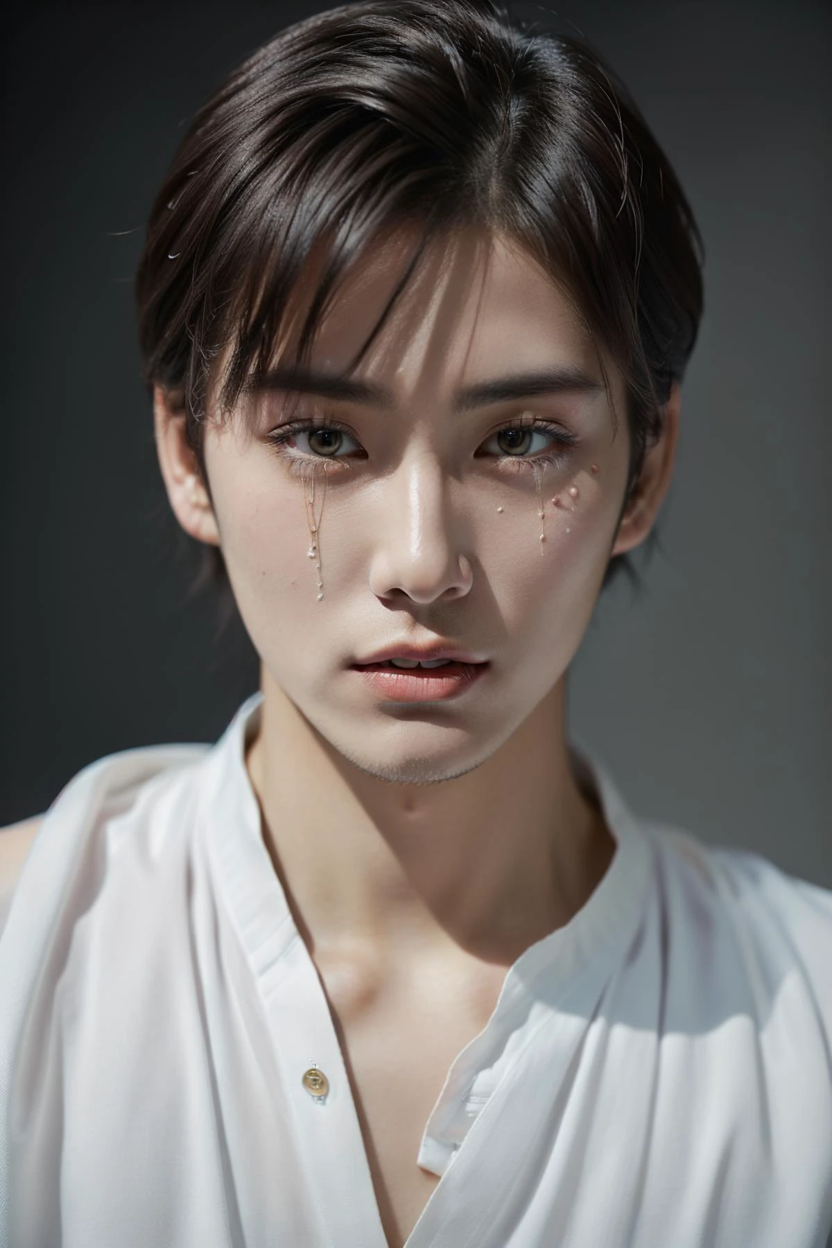 (1 male, 27-years-old male, real skin texture, detailed skin texture, best quality, masterpiece, ultra-detailed, high quality photography, photo realistic), (((random fashion stylish pose, Looking At Another, ))), solo, slim Asian male, handsome detailed face, Highly Detailed Hands, ((random fashion outfit, Messy Haircut, Tears)), <lora:add_detail:1>, black_background, <lora:zoom_slider_v1:-7>