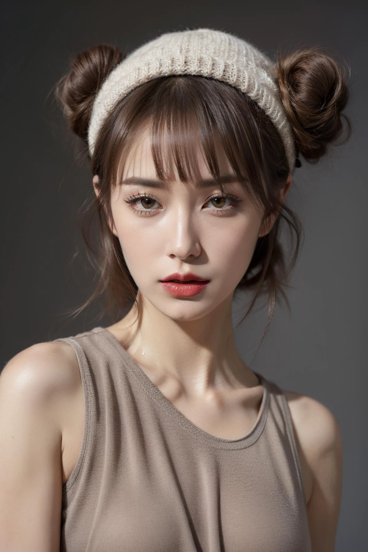 (((best quality, masterpiece, ultra-detailed, photo-realistic, cinematic lighting))), (fashion photography:1.3), (((nail polish, eyeliner, eyelashes, lipstick, makeup))), (Fly, holding_hat, Bowing), official art, beauty and aesthetic, bust, solo, (((1girl, random fashion outfit, random fashion pose, fashion hat, abstract dark gray background))), designed by rinko kawauchi, <lora:add_detail 3:1>, ((Glaring, Light brown Hair, one side up, double bun, asymmetrical bangs))