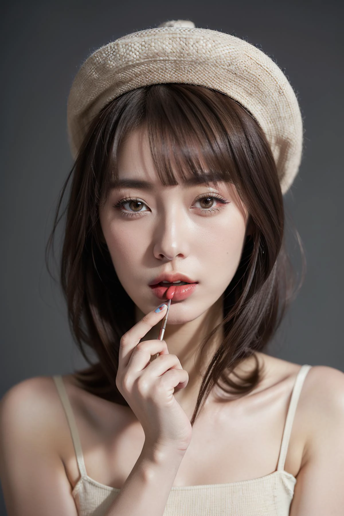 (((best quality, masterpiece, ultra-detailed, photo-realistic, cinematic lighting))), (fashion photography:1.3), (((nail polish, eyeliner, eyelashes, lipstick, makeup))), (looking away, holding_innertube, brushing teeth), official art, beauty and aesthetic, bust, solo, (((1girl, random fashion outfit, random fashion pose, fashion hat, abstract dark gray background))), designed by rinko kawauchi, <lora:add_detail 3:1>, ((Jitome, Light brown Hair, asymmetrical hair, messy hair, parted bangs))