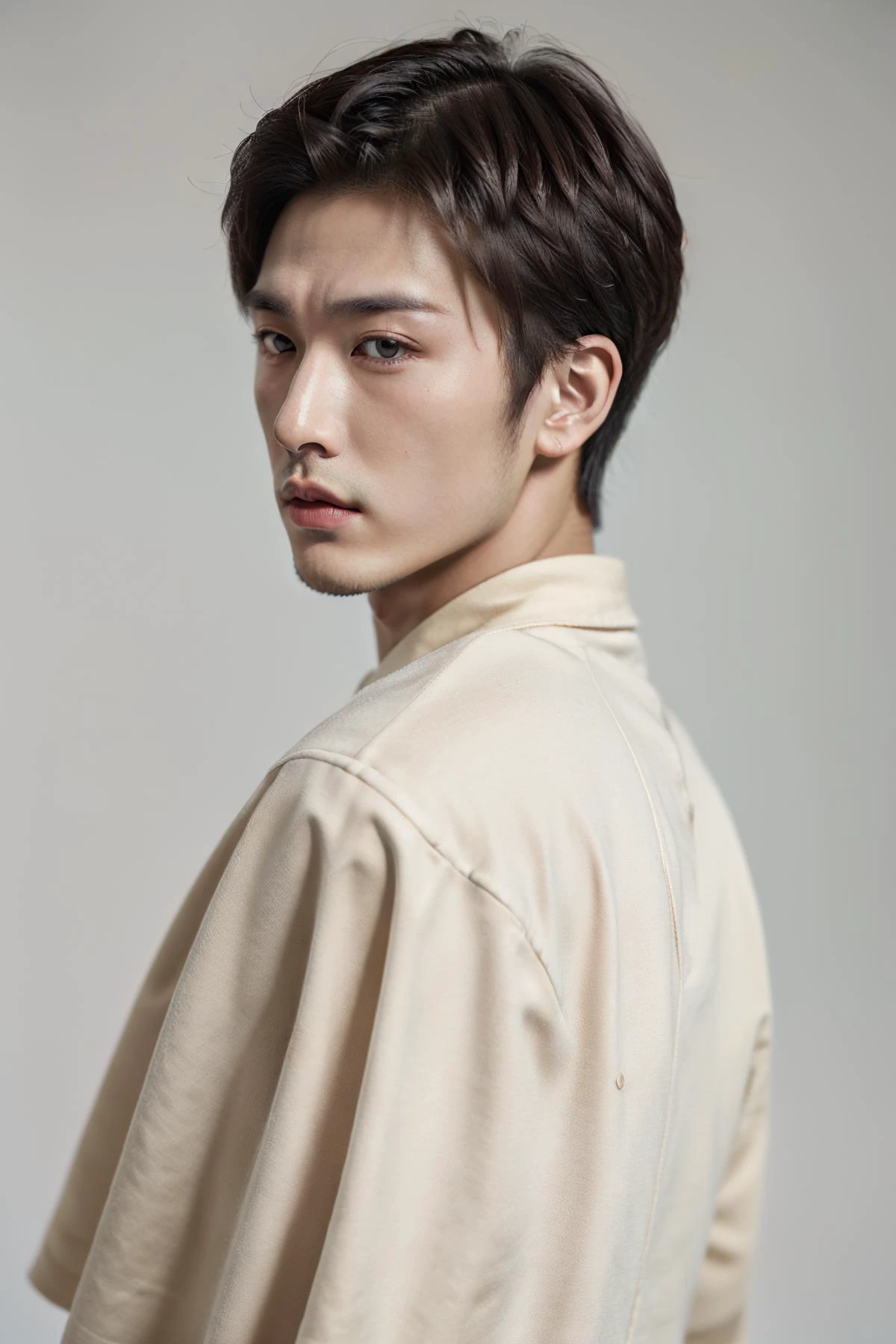 (1 male, 27-years-old male, real skin texture, detailed skin texture, best quality, masterpiece, ultra-detailed, high quality photography, photo realistic), (((random fashion stylish pose, looking back, ))), solo, slim Asian male, handsome detailed face, Highly Detailed Hands, ((random fashion outfit, Buzz Cut, Frown)), <lora:add_detail:1>, white_background, <lora:zoom_slider_v1:-7>