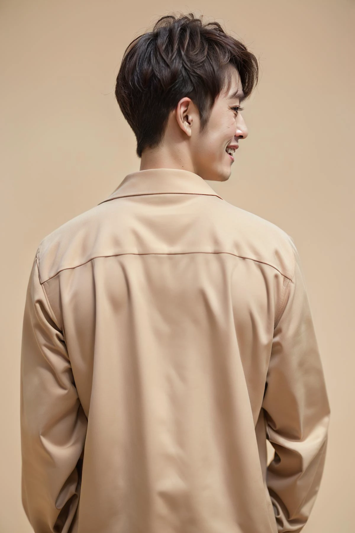 (1 male, 27-years-old male, real skin texture, detailed skin texture, best quality, masterpiece, ultra-detailed, high quality photography, photo realistic), (((random fashion stylish pose, Facing Away, ))), solo, slim Asian male, handsome detailed face, Highly Detailed Hands, ((random fashion outfit, Sexy Hairstyles For Older Men, Laughing)), <lora:add_detail:1>, beige_background, <lora:zoom_slider_v1:-7>