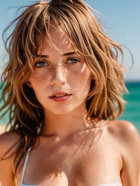 photo of sks woman wearing a bikini at the beach, extremely high quality RAW photograph, detailed background, intricate, Exquisite details and textures, highly detailed, ultra detailed photograph, warm lighting, artstation, 4k, sharp focus, high resolution, detailed skin, detailed eyes, 8k uhd, dslr, low harsh lighting, high quality, film grain, Fujifilm XT3, <lora:mayaHawke_v10:1.4>