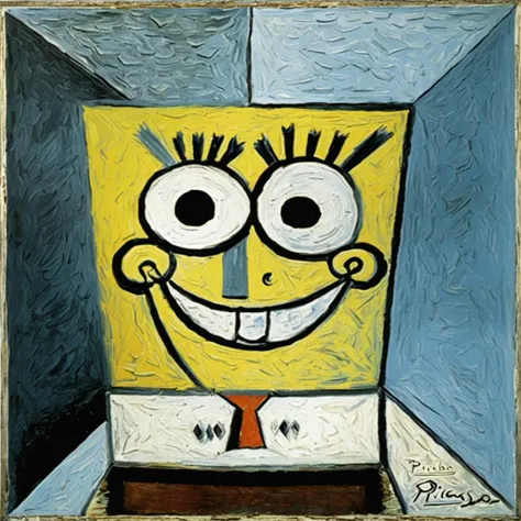 p1c4ss0, a abstract painting of SpongeBob SquarePants , by pablo picasso, Cubism, <lora:p1c4ss0_003:0.88>