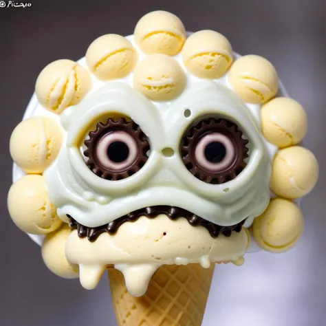 p1c4ss0, portrait of a alien creature made ice cream gears, ice cream gear eyes, ice cream gear mouth, ice cream gear nose <lora:p1c4ss0_003-step00028000:1.3>
