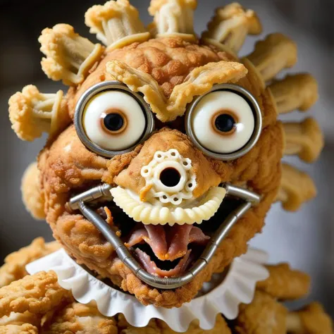 p1c4ss0, portrait of a alien creature made with fried chicken gears, fried chicken gear eyes, fried chicken gear mouth, fried chicken gear nose <lora:p1c4ss0_003-step00028000:1.3>