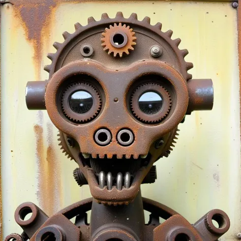 p1c4ss0, portrait of a alien creature made with rusted gears, rusted gear eyes, rusted gear mouth, rusted gear nose <lora:p1c4ss0_003-step00028000:1.3>