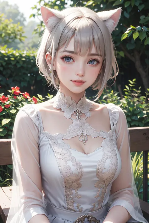 1girl, elegant floral dress, (fluffy cat ears), short white hair, captivating and graceful, (realistic detailed eyes, natural skin texture, gentle smile), lush garden setting, blooming flowers, ornate ironwork bench, intricate details, soft and dreamy lighting, pastel color palette, shallow depth of field, bokeh from sunlight dappled through foliage, highly detailed, hyper-realistic, medium-format film camera, naturally blurred background, <lora:Yan:0.65>