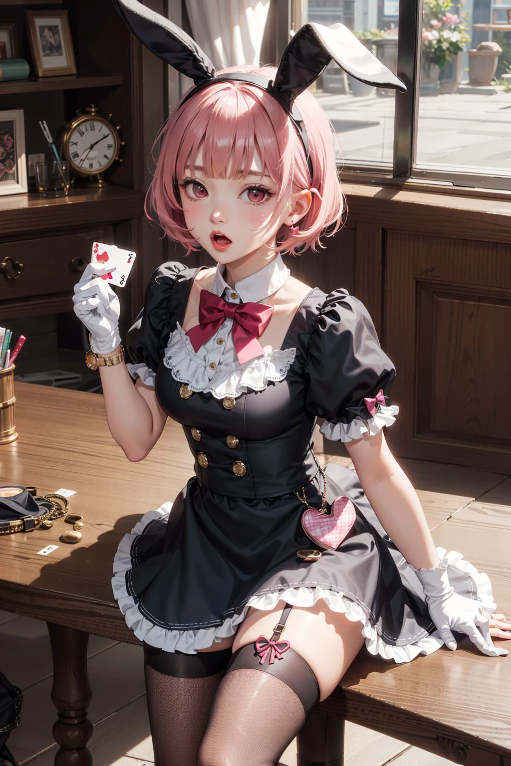 <lora:OtoriEmu-02:0.7> ,wdhemu, 1girl, solo, looking at viewer, short hair, open mouth, thighhighs, gloves, hat, dress, bow, holding, animal ears, pink hair, flower, short sleeves, heart, hairband, frills, puffy sleeves, indoors, blunt bangs, pink eyes, rabbit ears, :o, puffy short sleeves, fake animal ears, stuffed toy, table, stuffed animal, fishnets, watch, top hat, card, balloon, checkered floor, playing card, pocket watch